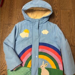 Mini Boden Light Blue Raincoat with Rainbow and Bunny size 6/7